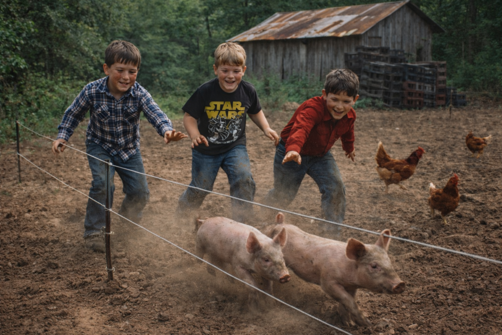 Three young boys chasing pigs on a farm outside Arpelar, Oklahoma with old barn, milk crates, and chickens in the background.