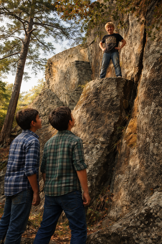 Three young boys climbing a steep rock formation on the side of the mountain just off Old Daisy Road in Southeast Oklahoma.