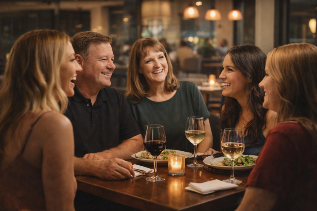 Couple enjoying dinner at a restaurant talking and laughing with three women at a nearby table