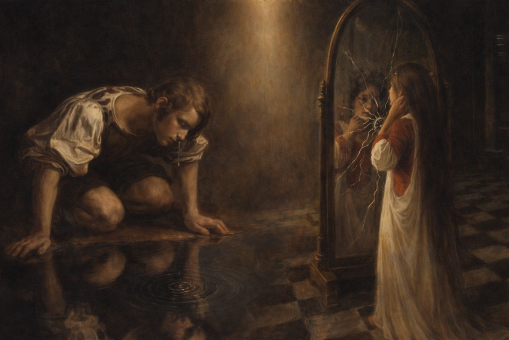Young boy reflecting in water beside a cracked mirror with a young woman looking at her reflection symbolizing personal reflection and change.