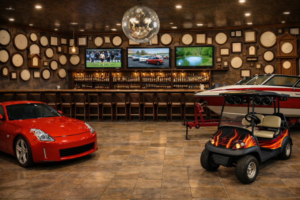 Dream man cave with clocks without hands, sports car, boat, and golf cart representing time, dreams, and letting go