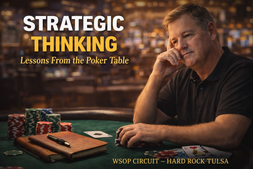 Poker chips, playing cards, and a journal on a poker table representing strategic thinking during the WSOP Circuit event at Hard Rock Tulsa