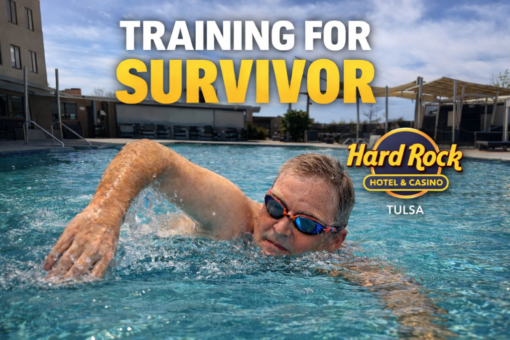 Donnie Weddle swimming laps at Hard Rock Tulsa pool while training for a chance to compete on Survivor