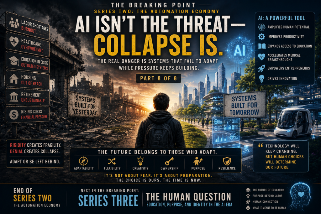 Modern civilization standing between collapsing industrial systems and emerging AI-driven infrastructure while economic and technological transformation unfolds