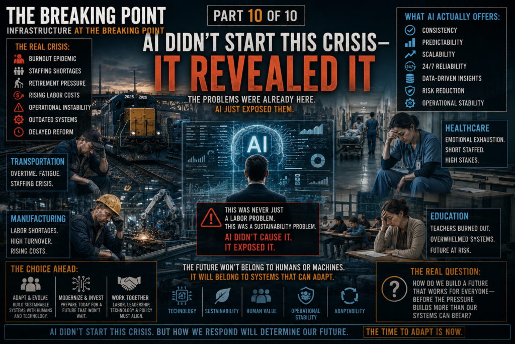 Artificial intelligence interface overlooking exhausted workers, railroads, factories, classrooms, and healthcare systems surrounded by economic warning graphics