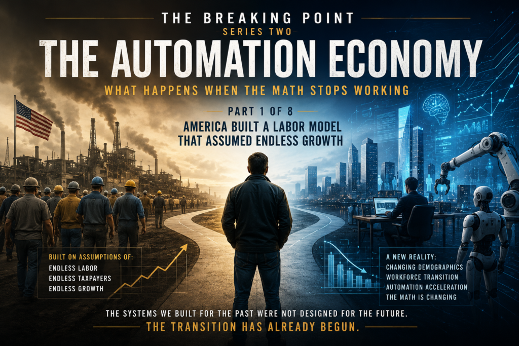 Modern American workforce standing between industrial factories and futuristic AI systems while economic growth charts fade into demographic warning graphics