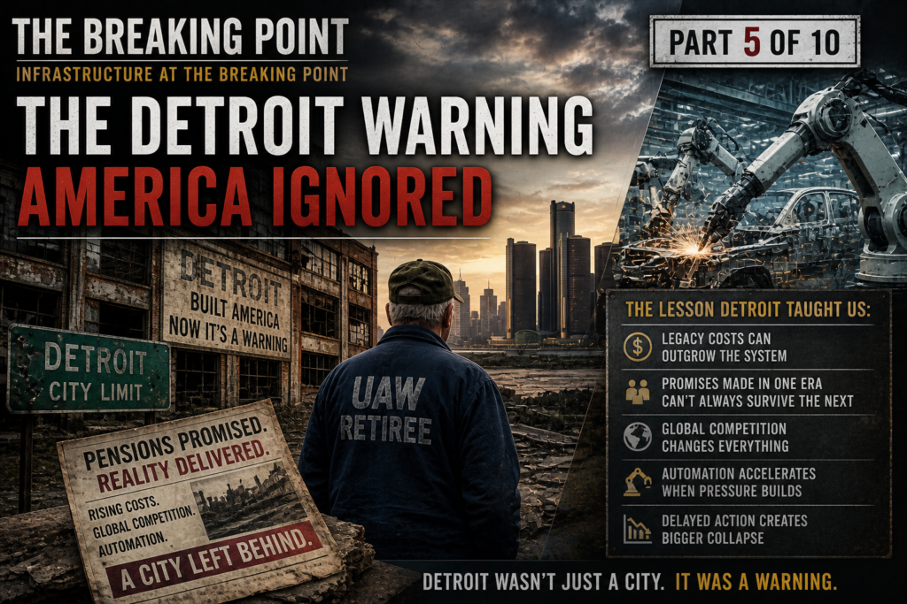 Abandoned Detroit auto factory with robotic assembly arms, retired workers, and economic warning graphics in a dramatic industrial scene