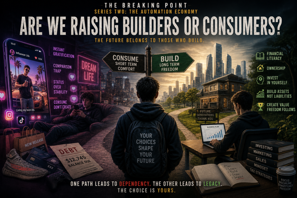 Young adults surrounded by social media screens, luxury influencer culture, debt, and financial choices while one path leads toward business ownership and investing