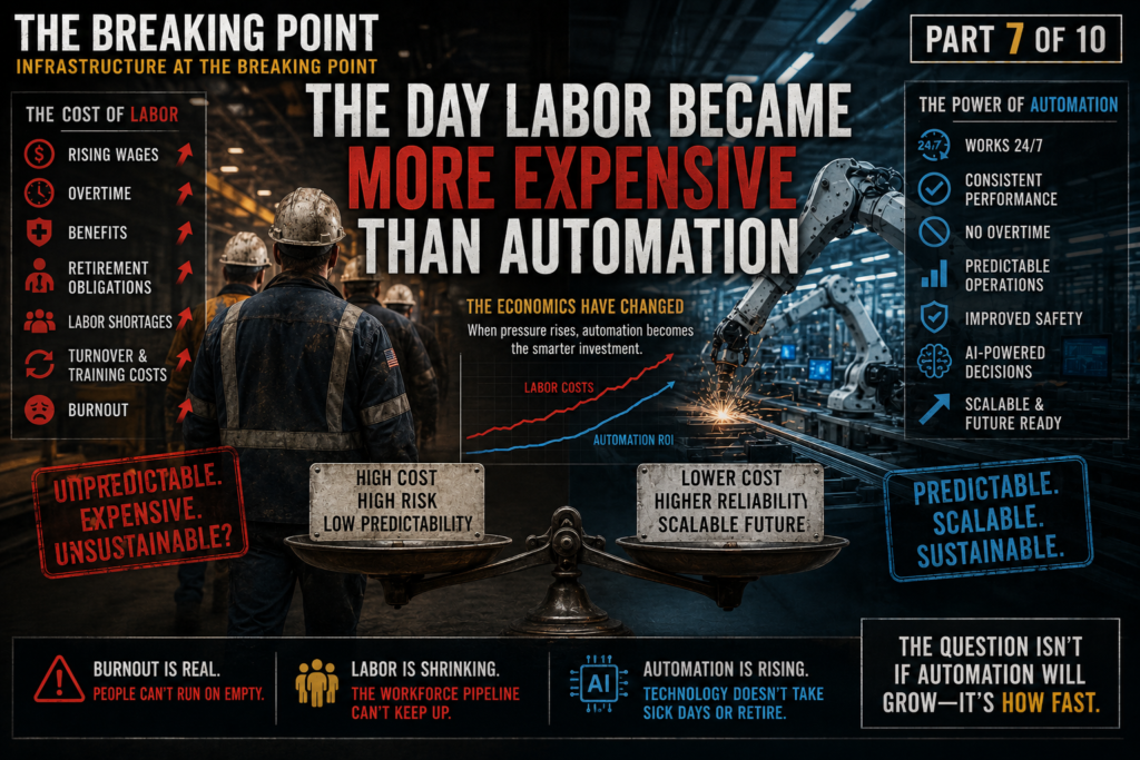 Factory workers standing beside robotic systems while financial graphs and AI automation overlays illustrate rising labor costs and operational pressure
