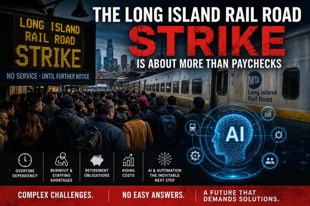 Crowded Long Island Rail Road station during a strike with commuters waiting as digital automation graphics overlay the train platform