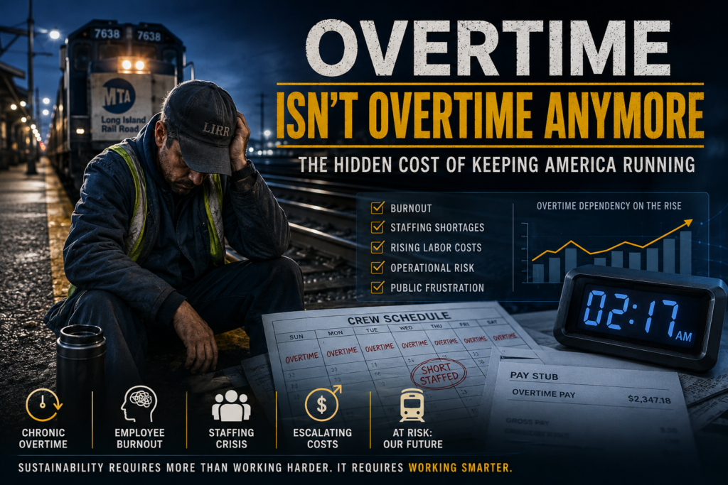 Exhausted railroad worker sitting alone late at night beside train tracks while digital scheduling and overtime data overlays appear in the background
