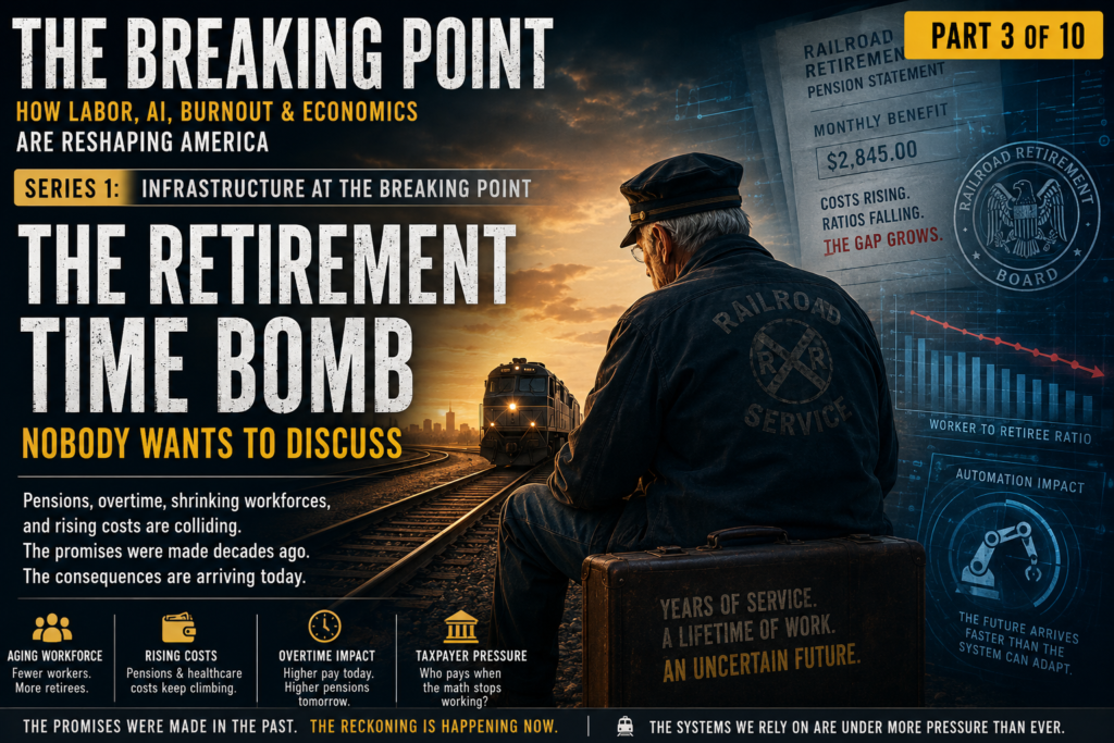 Retired railroad worker sitting beside train tracks at sunset while pension documents and digital automation graphics appear in the background
