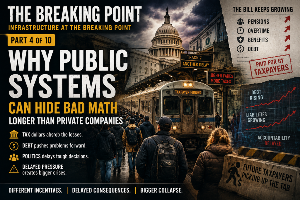 A crowded aging commuter train station with taxpayers, political buildings, and financial warning graphics layered into a dramatic editorial-style scene