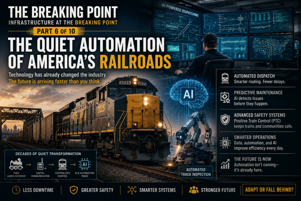 Modern freight train surrounded by AI graphics, automated dispatch systems, robotic maintenance equipment, and digital railroad technology overlays