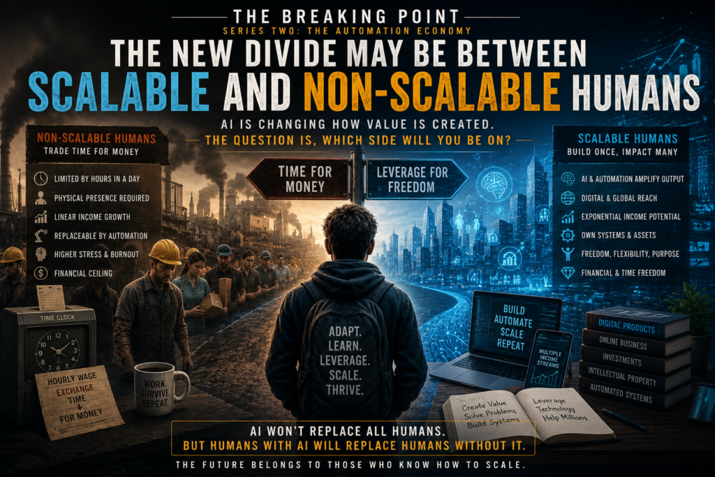 Modern worker standing between traditional hourly labor and AI-powered scalable digital systems while economic and technological transformation unfolds around them