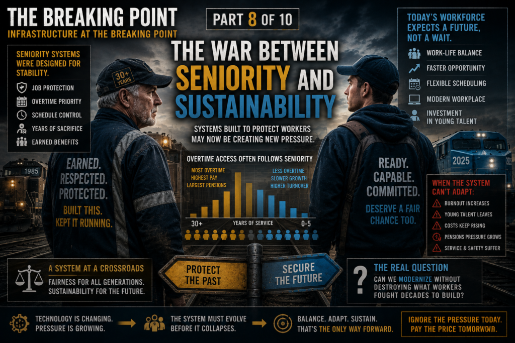 Older veteran worker and younger employee standing on opposite sides of a railroad yard while overtime charts, pensions, and operational pressure graphics appear in the background