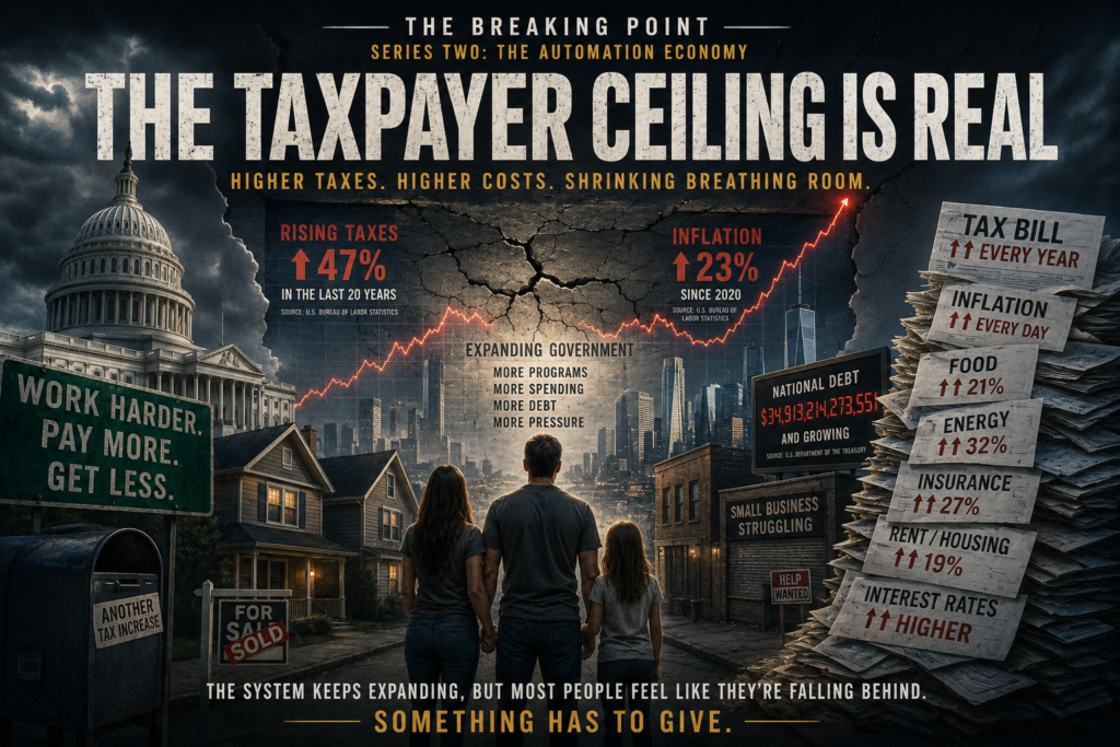Middle-class American family standing beneath rising tax charts, inflation graphics, and expanding government systems while economic pressure builds around them