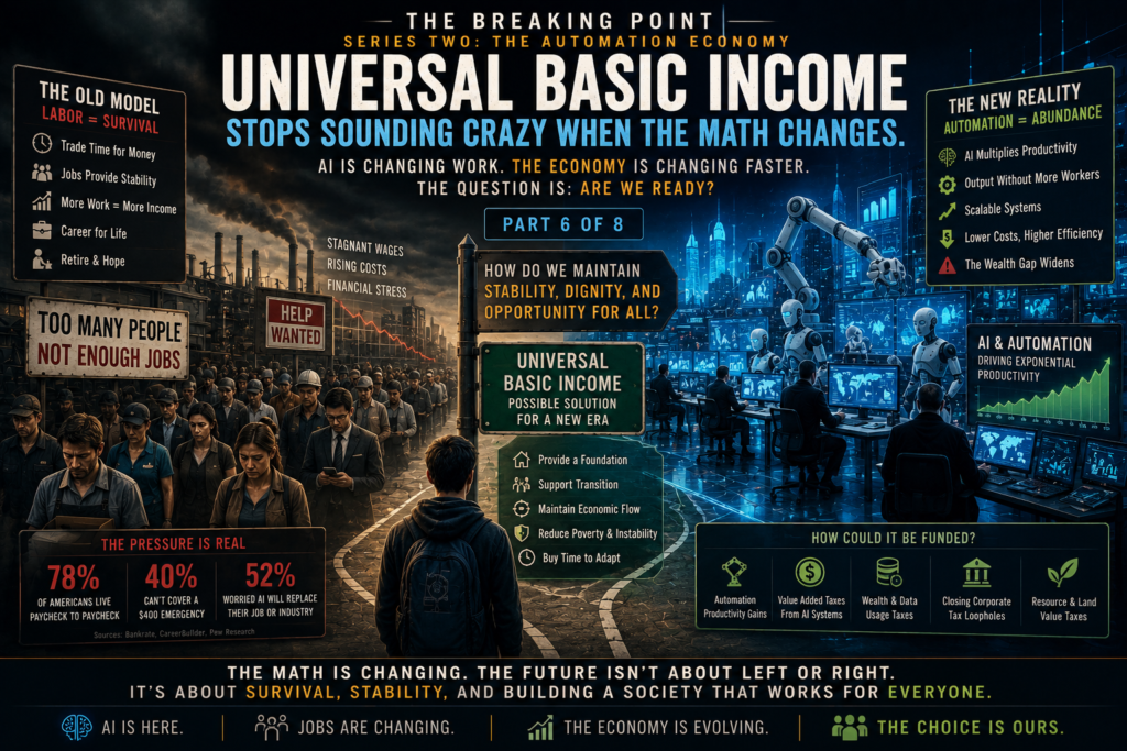 Modern society divided between AI-driven productivity and economic uncertainty while digital currency, automation systems, and future workforce graphics dominate the background