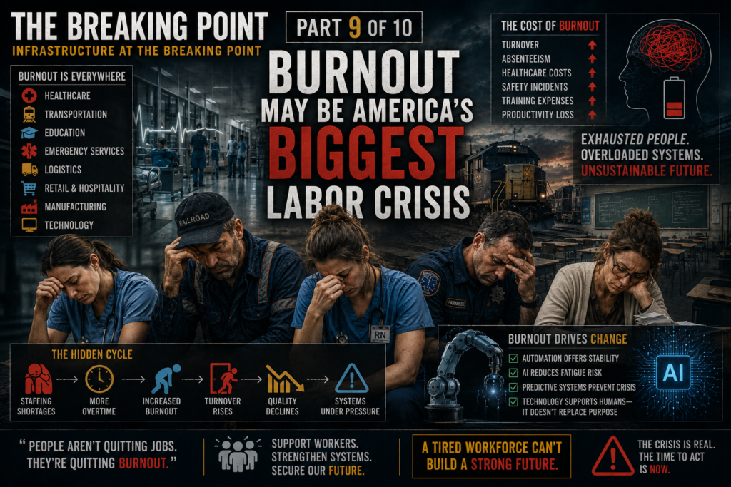 Exhausted workers from healthcare, transportation, education, and emergency services standing beneath dark industrial lighting with burnout and AI graphics layered into the background