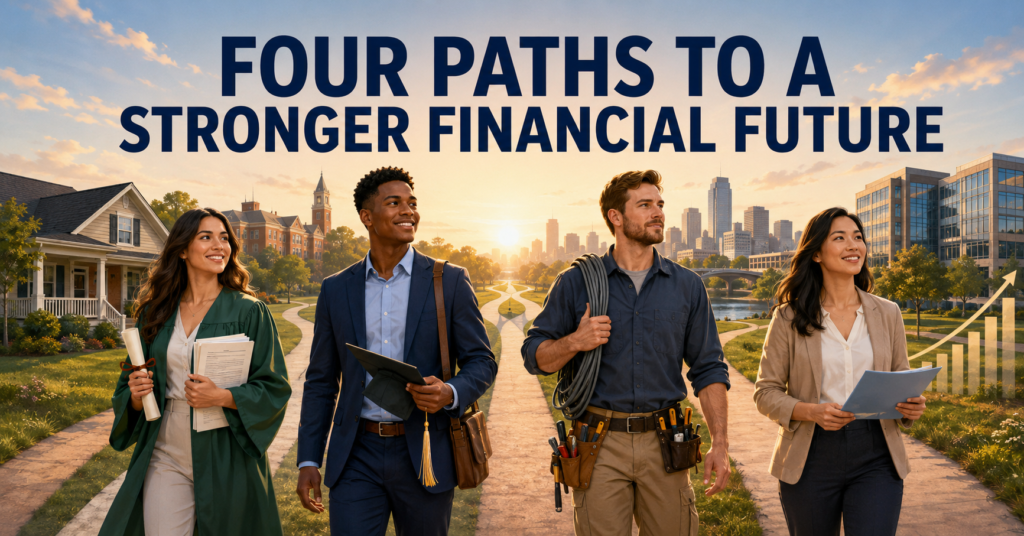 Four young adults choosing college, skilled trades and corporate careers while building a financial future through housing and investing